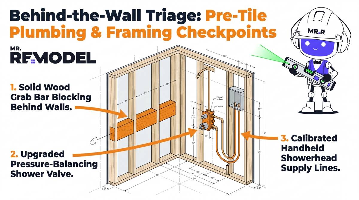 A technical 3D structural diagram illustrating the necessary framing adjustments, mixing valve placements, and grab-bar blocking required behind the walls before shower tile installation.
